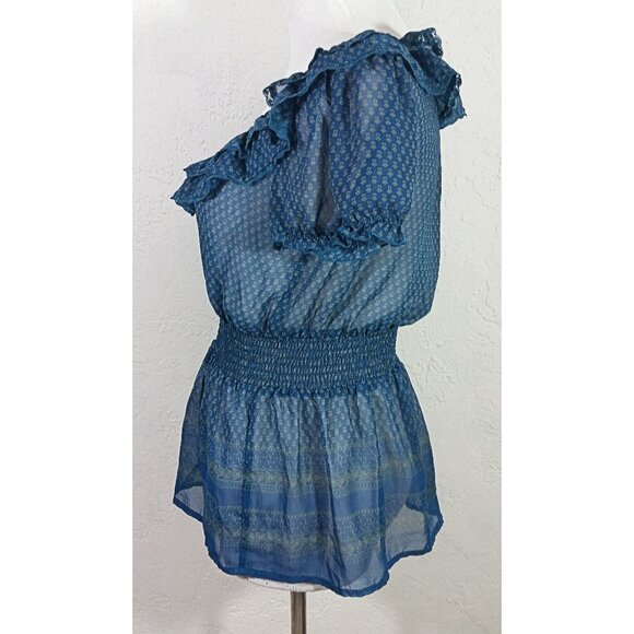 Suzy Shier Top Small Multicolor Geometric Ruffle Neckline Floral Sheer - Picture 4 of 5